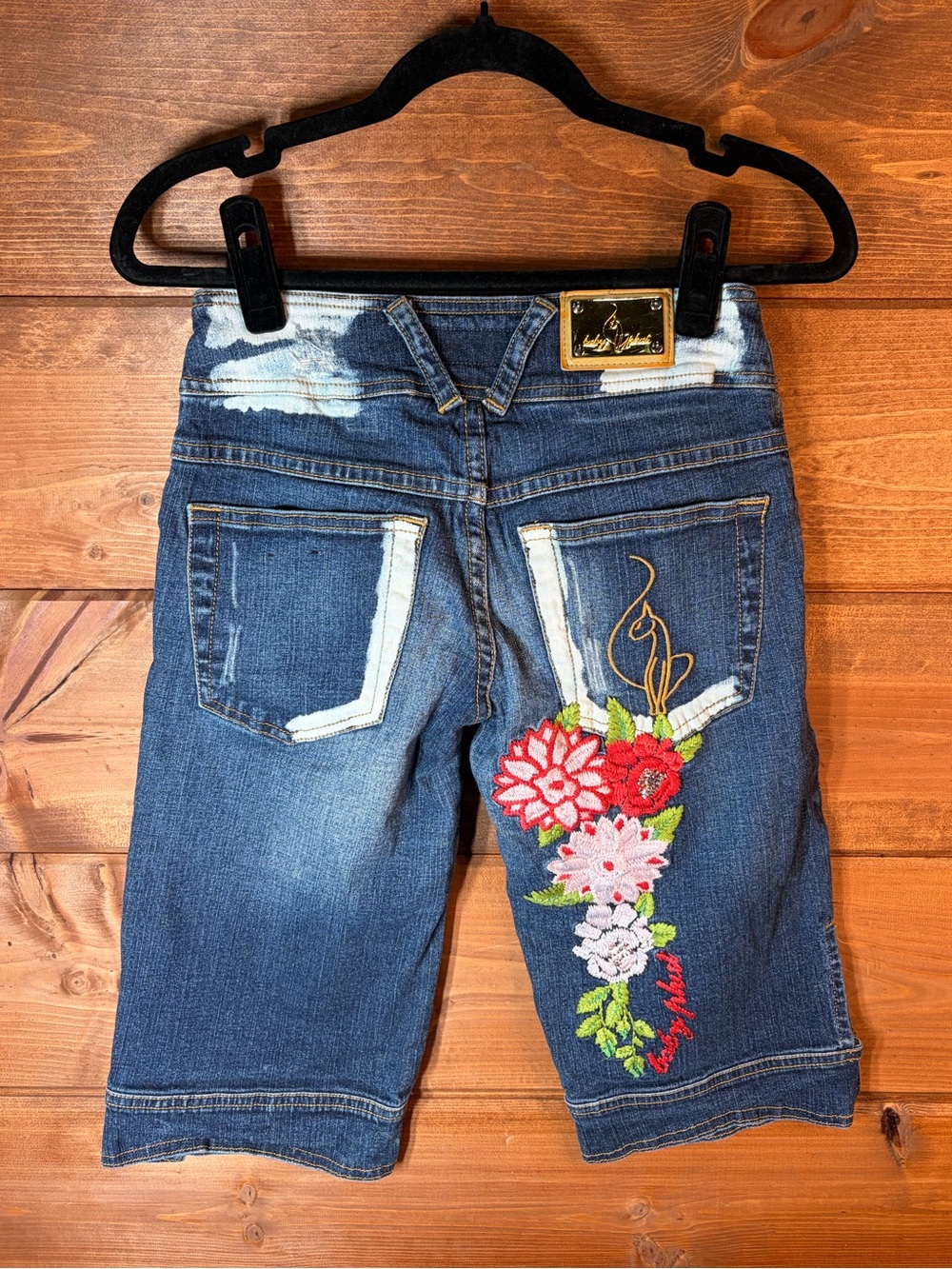 Baby Phat Y2K Stretch Long Jean Shorts with Multicolor Floral Embroidery Size 0